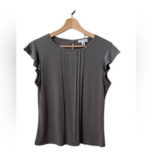 Calvin Klein Gray Pleated Flutter Sleeve Blouse
